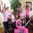 Team members and residents having a flamingo-themed party. 